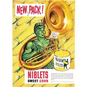 1950 Green Giant Niblets Corn Vintage Print Ad Cob Brass Horn 50s Wall Art